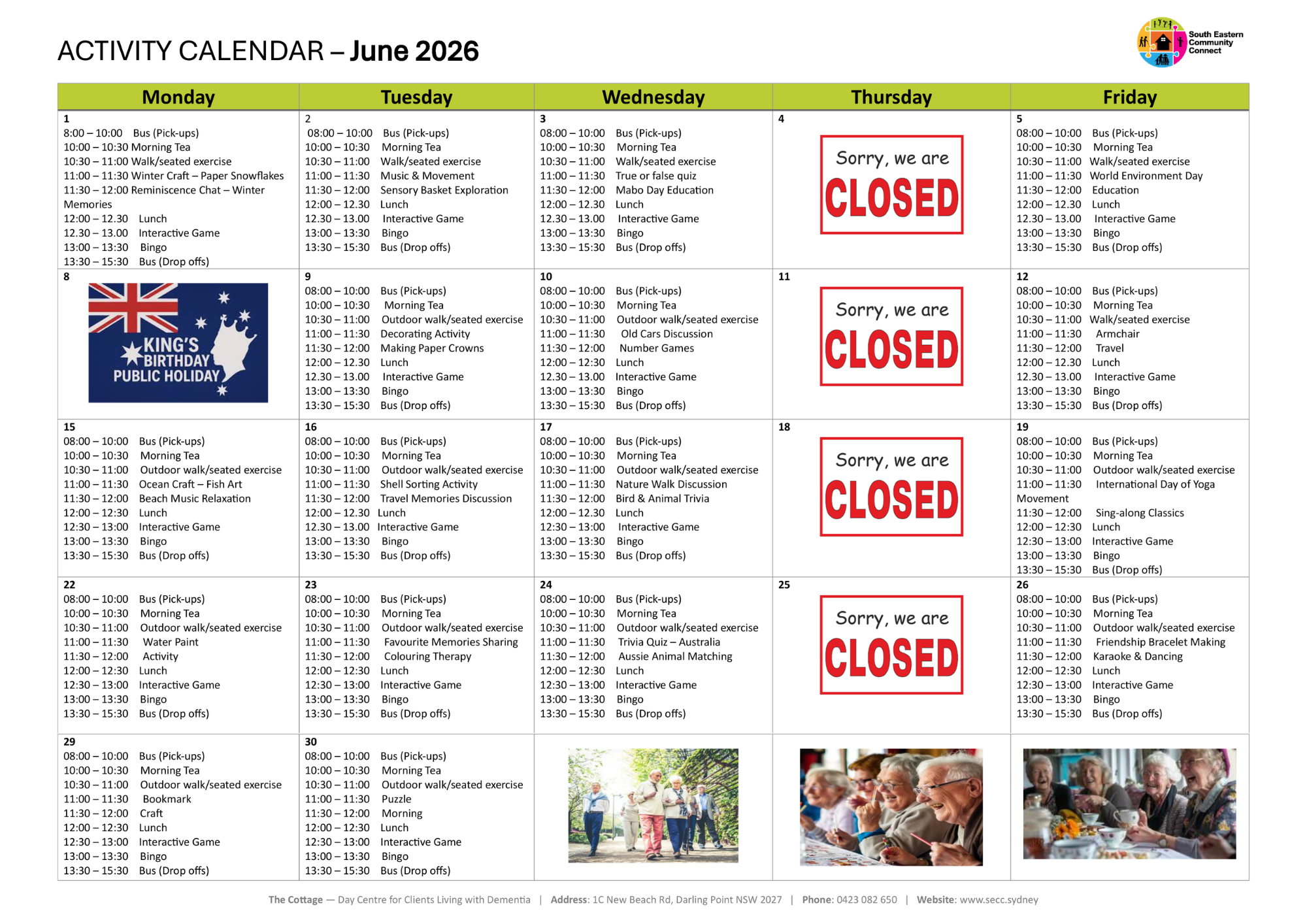 Sydney Dementia Day Center - SECC Cottage - Activity Calendar June 2026