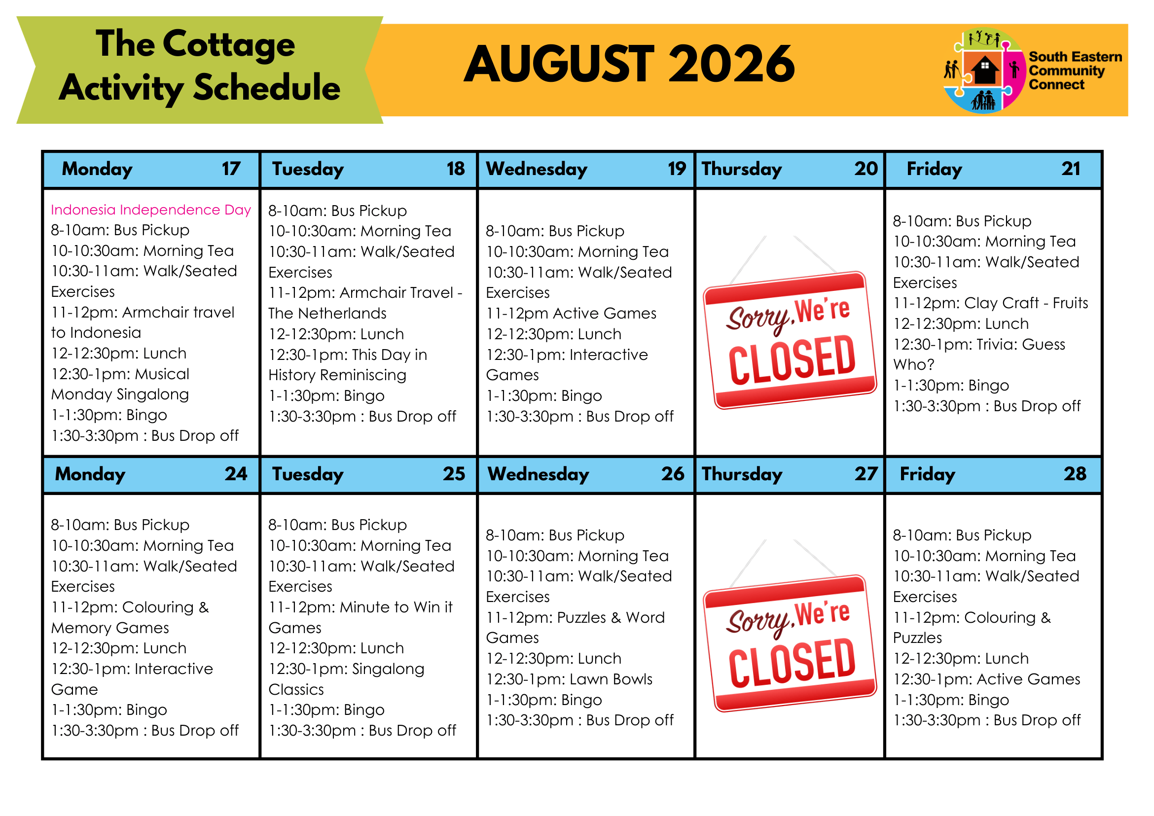 SECC The Cottage Dementia Day Centre in Sydney activity schedule - August 2026 - 2