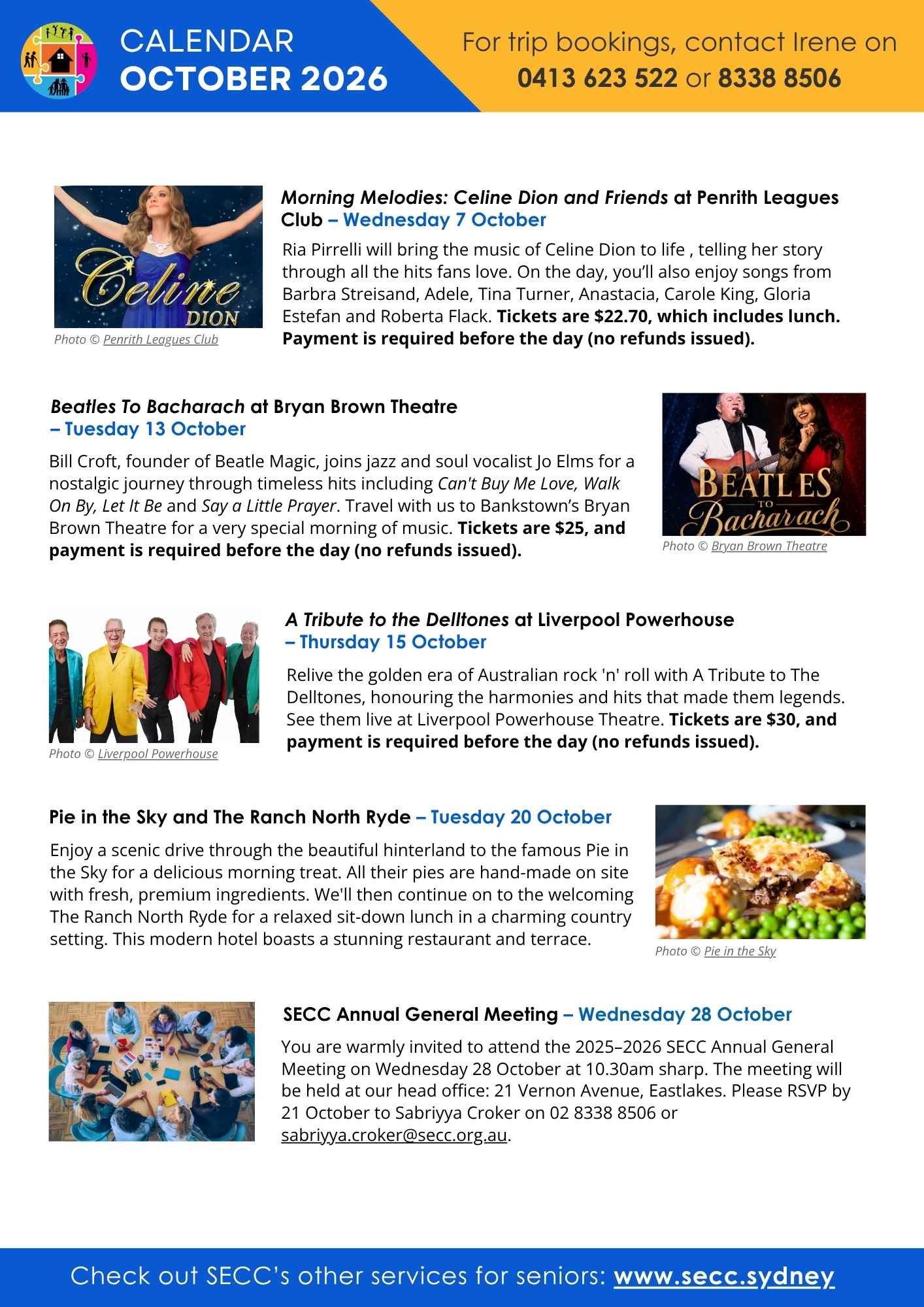 SECC Sydney Seniors Bus Trips Calendar - October 2026 2