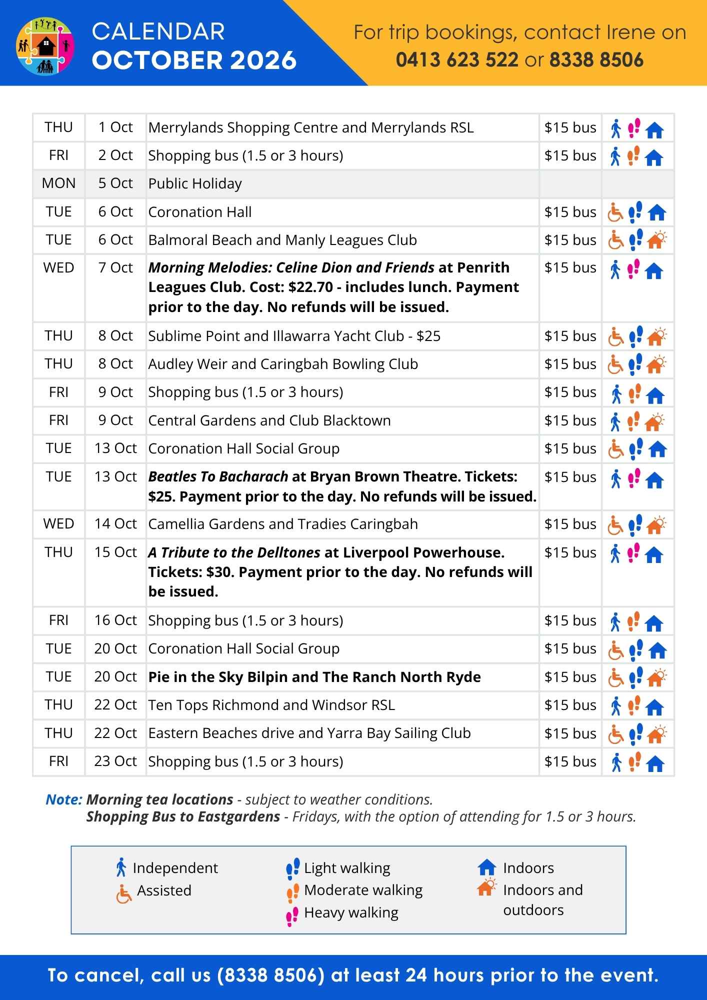 SECC Sydney Seniors Bus Trips Calendar - October 2026 3