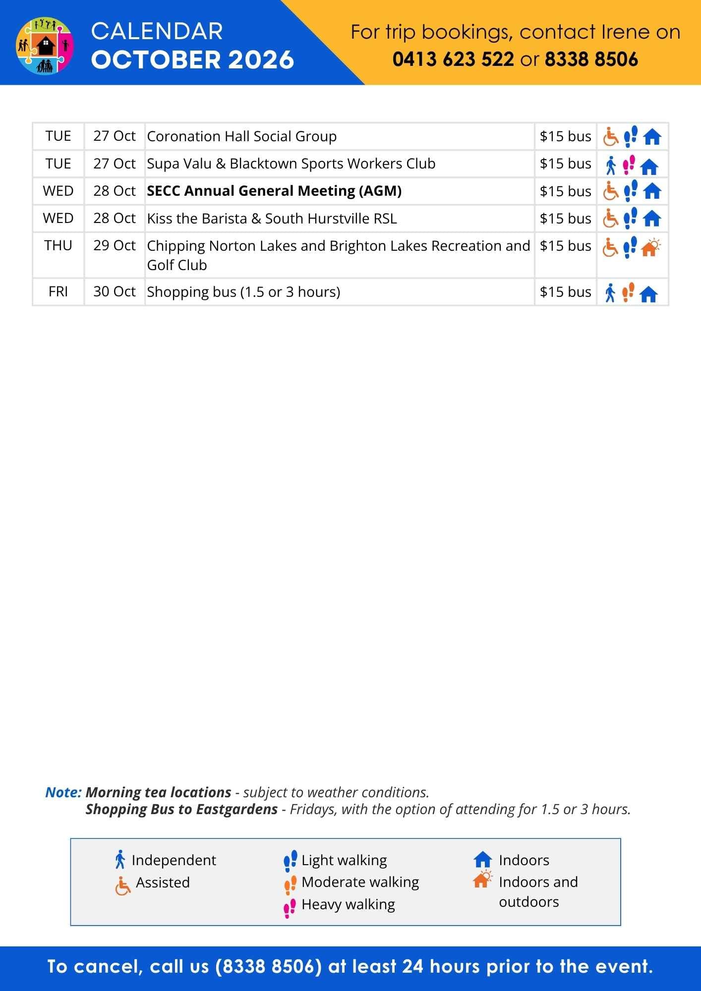 SECC Sydney Seniors Bus Trips Calendar - October 2026 4